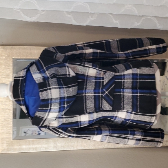 Retro 70's Pea Coat Coat Plaid Blue/Black Pockets Hood Wool Blend - Picture 4 of 11